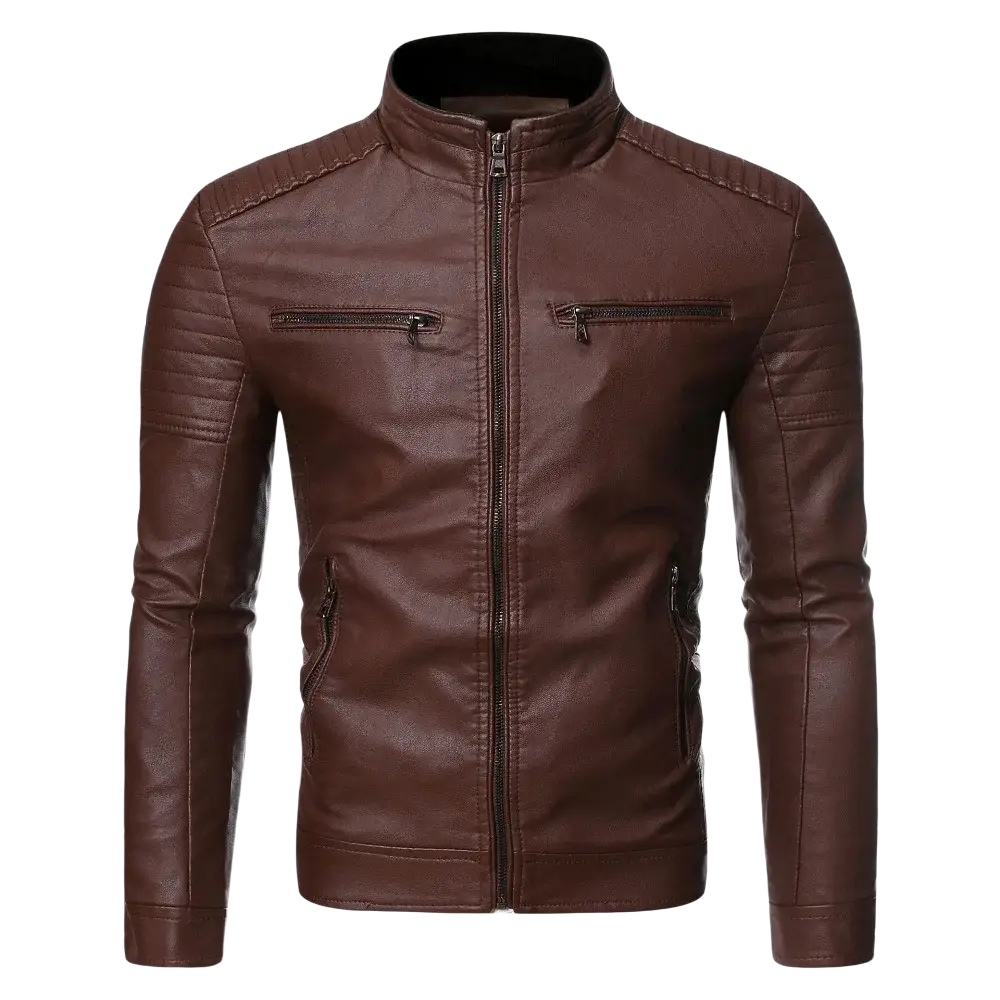 Brown faux leather men motorcycle jacket with high collar and zippered pockets highlighting color difference