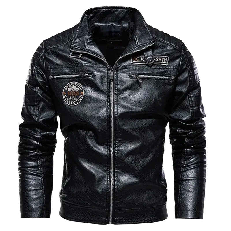 Men faux leather motorcycle winter bomber jacket in black with quilted shoulders and embroidered patches