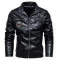 Men faux leather motorcycle winter bomber jacket in black with quilted shoulders and embroidered patches