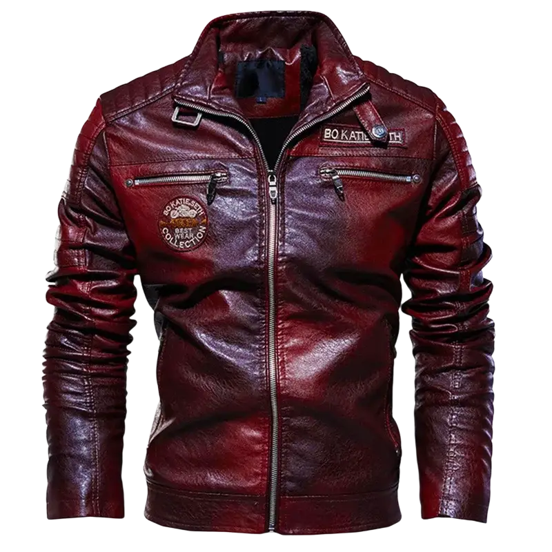 Men faux leather motorcycle winter bomber jacket in rich burgundy with silver zippers and bokatien embroidered patches