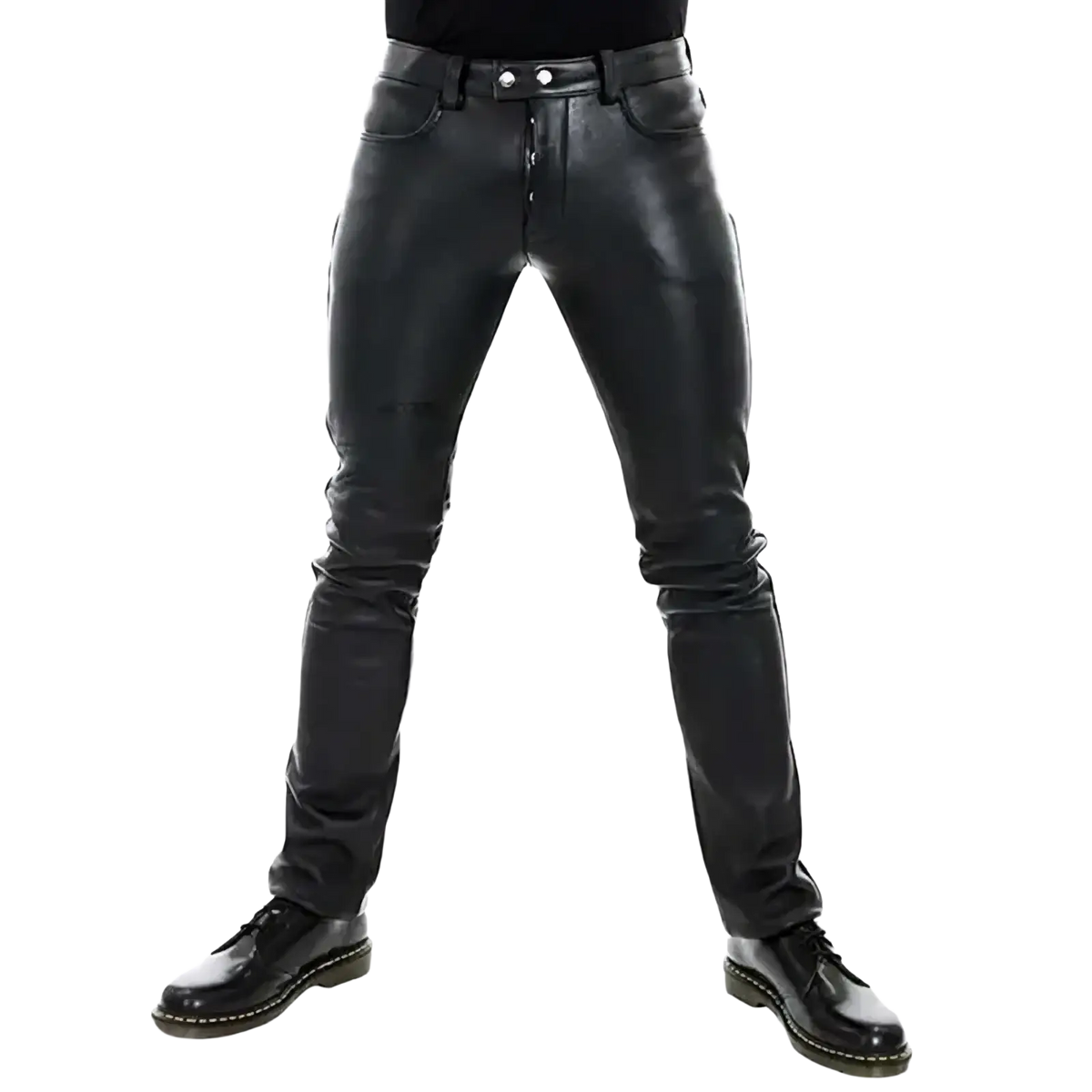 Men faux leather pants slim fit black with sleek design and silver-toned button closures for punk style trousers