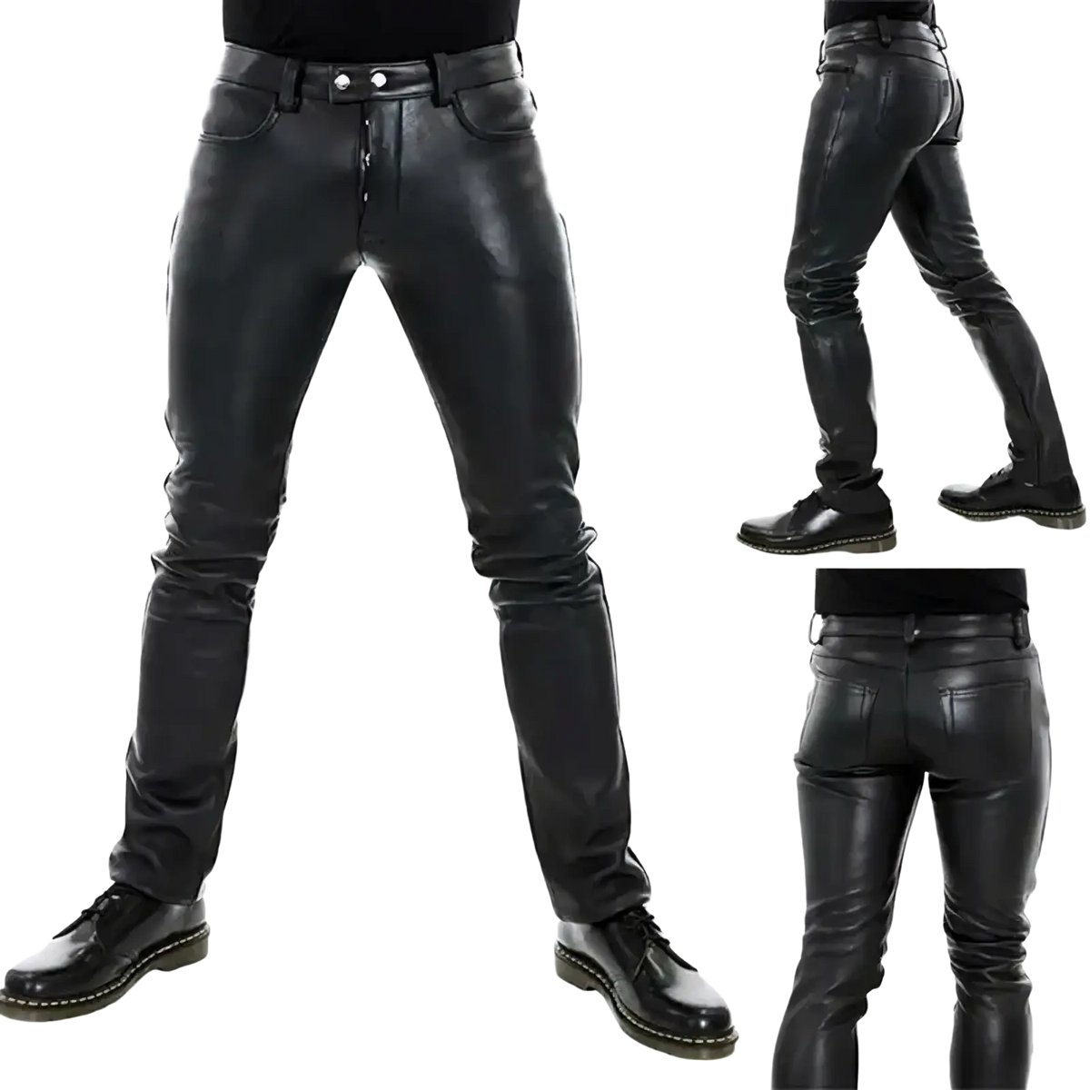 Men faux leather slim fit punk trousers in black with sleek design and silver-toned belt loops