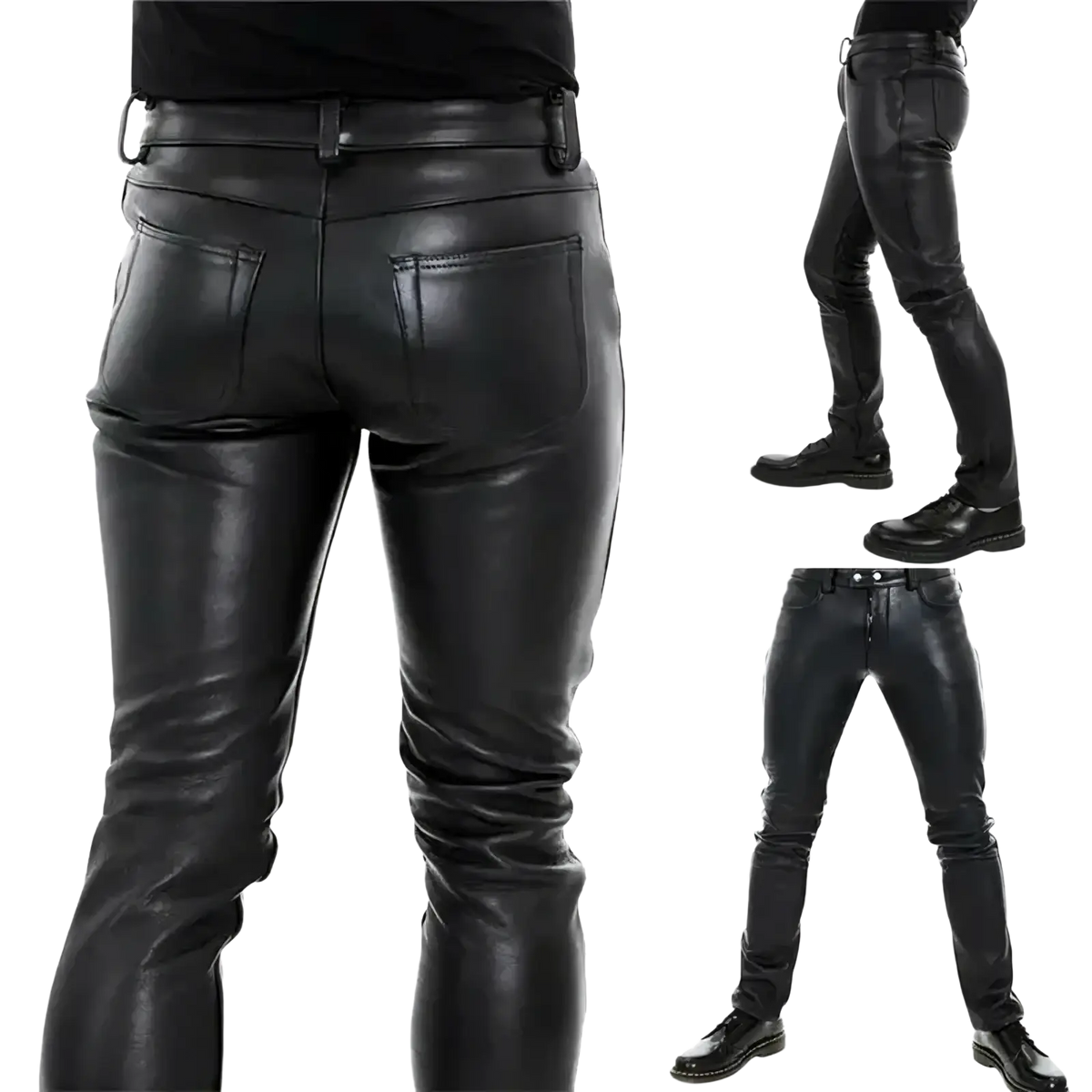 Men faux leather pants slim fit with black glossy finish and classic five-pocket design for punk style