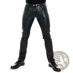 Men faux leather pants slim fit black with sleek design and silver-toned button closures for punk style trousers