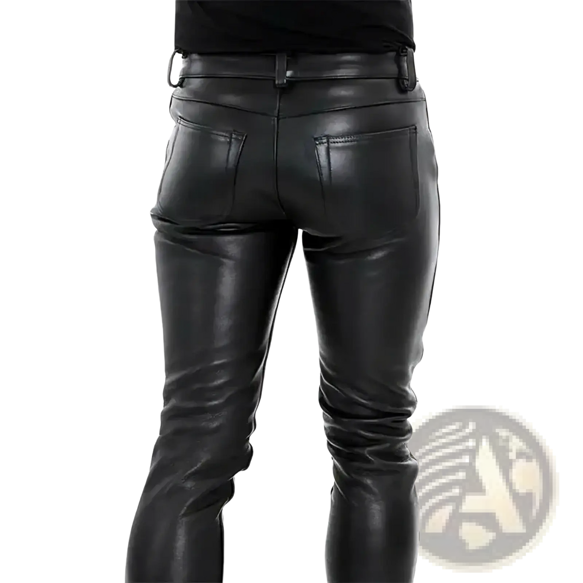 Black slim fit men faux leather pants with visible stitching designed as punk trousers