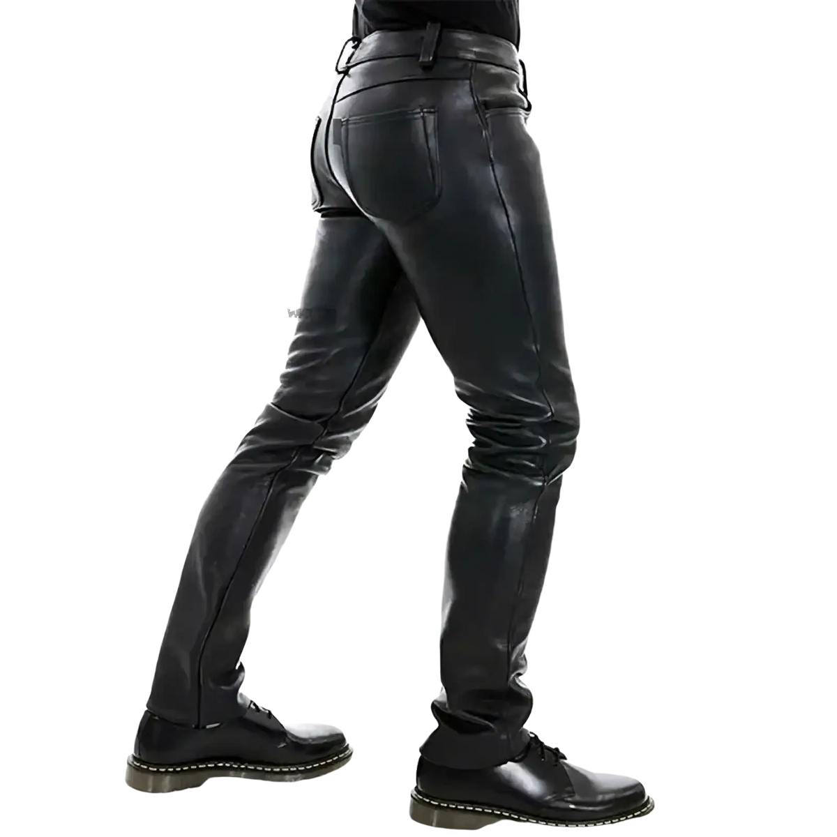 Black faux leather slim fit men pants with sleek design and visible stitching details for punk style