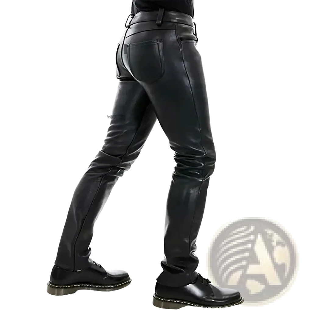 Black faux leather slim fit men pants with sleek design and visible stitching details for punk style