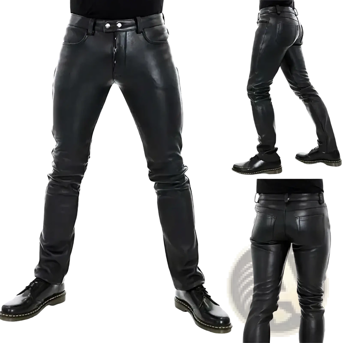 Men faux leather slim fit punk trousers in black with sleek design and silver-toned belt loops