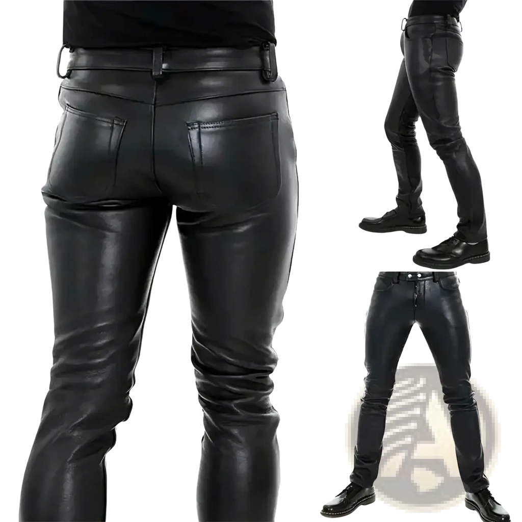 Men faux leather pants slim fit with black glossy finish and classic five-pocket design for punk style
