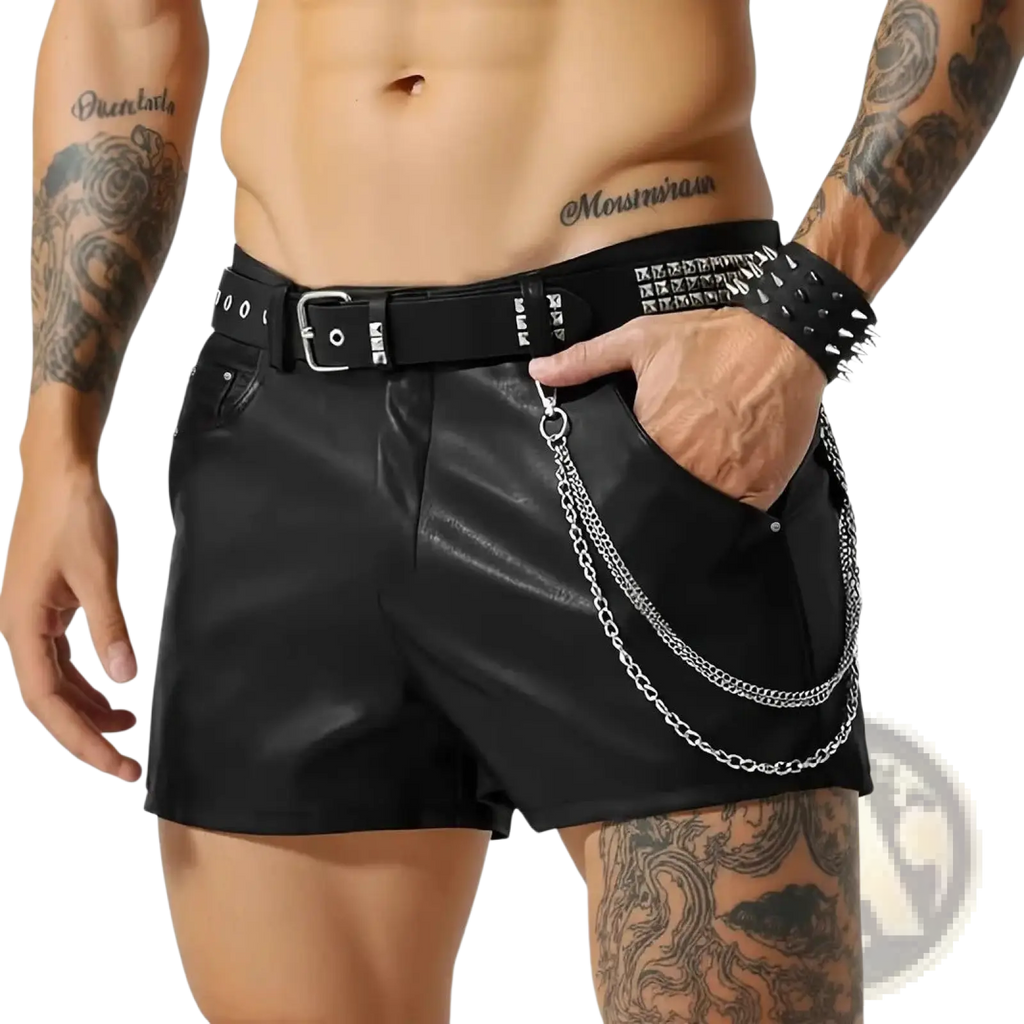 Men faux leather shorts glossy slim fit black with studded belt and silver chain detailing front view