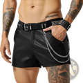 Men faux leather shorts glossy slim fit black with studded belt and silver chain detailing front view