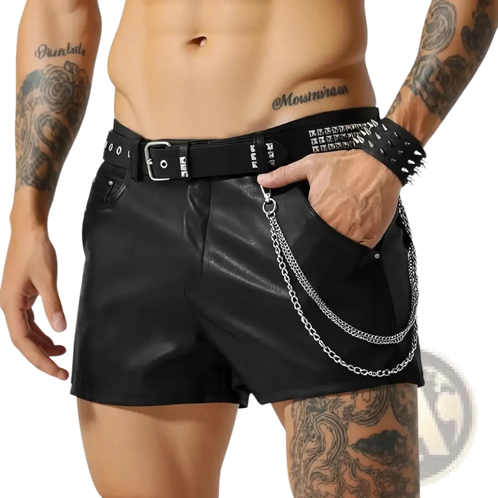 Men faux leather shorts glossy slim fit black with studded belt and silver chain detailing front view