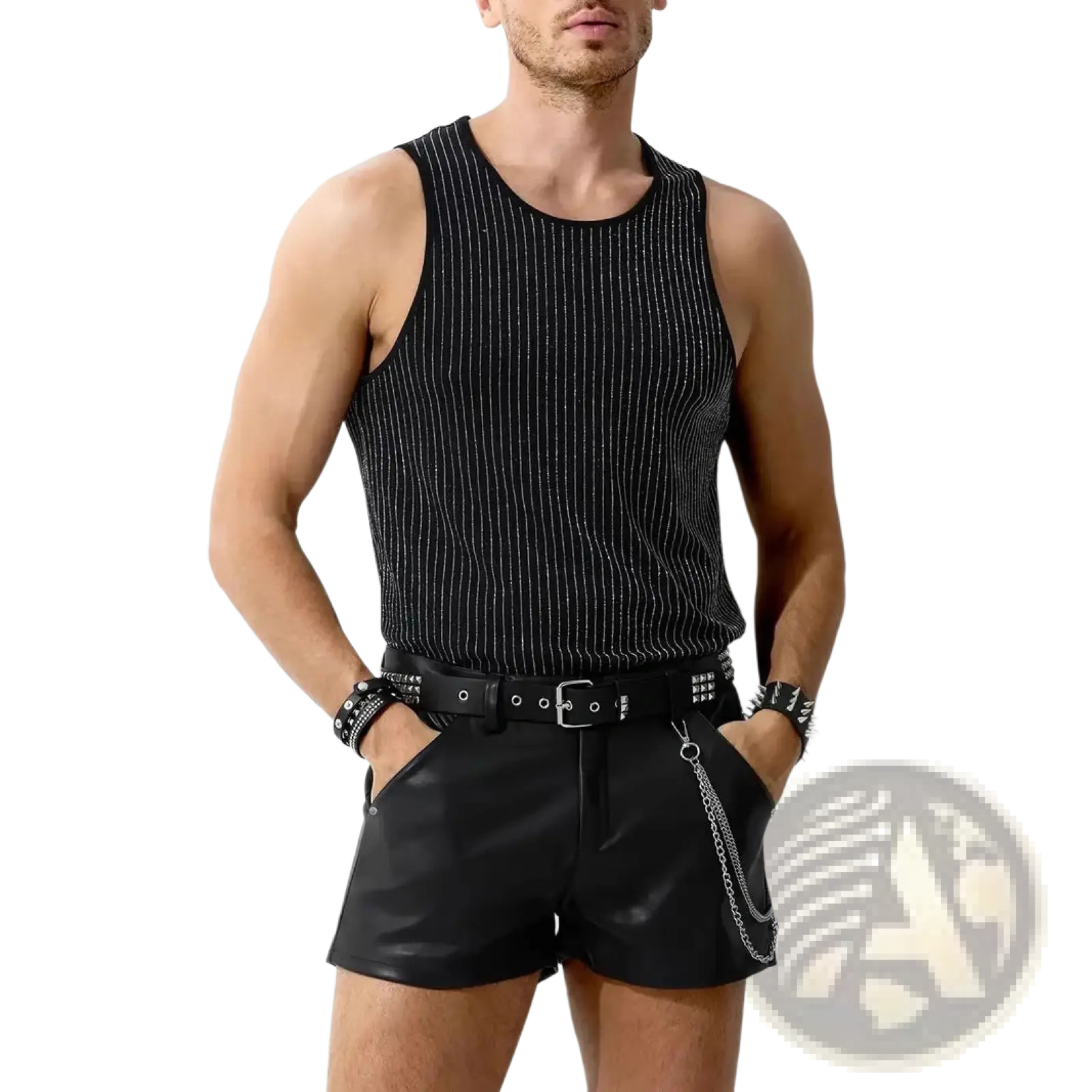 Black pinstripe tank top with subtle shimmering vertical stripes paired with men faux leather glossy slim fit shorts