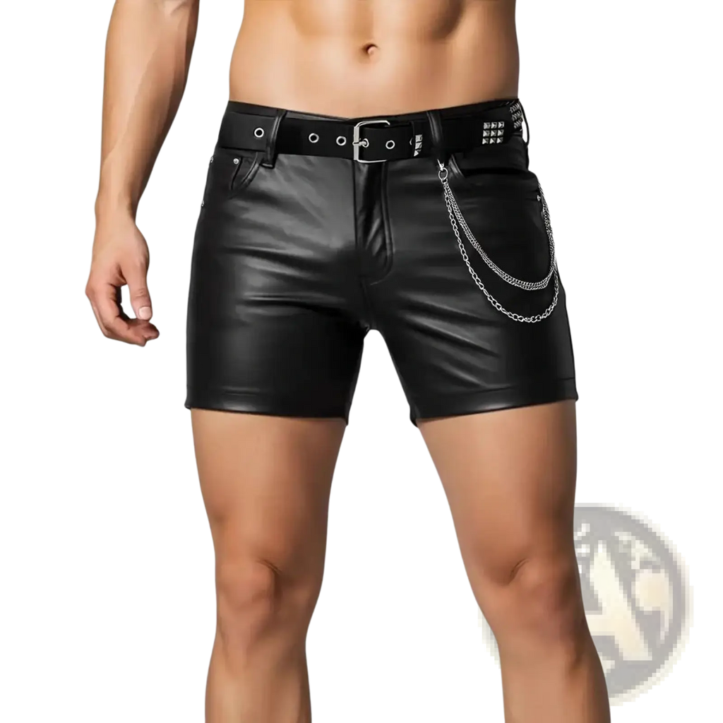 Men faux leather shorts glossy slim fit black featuring a studded belt and silver chain detail