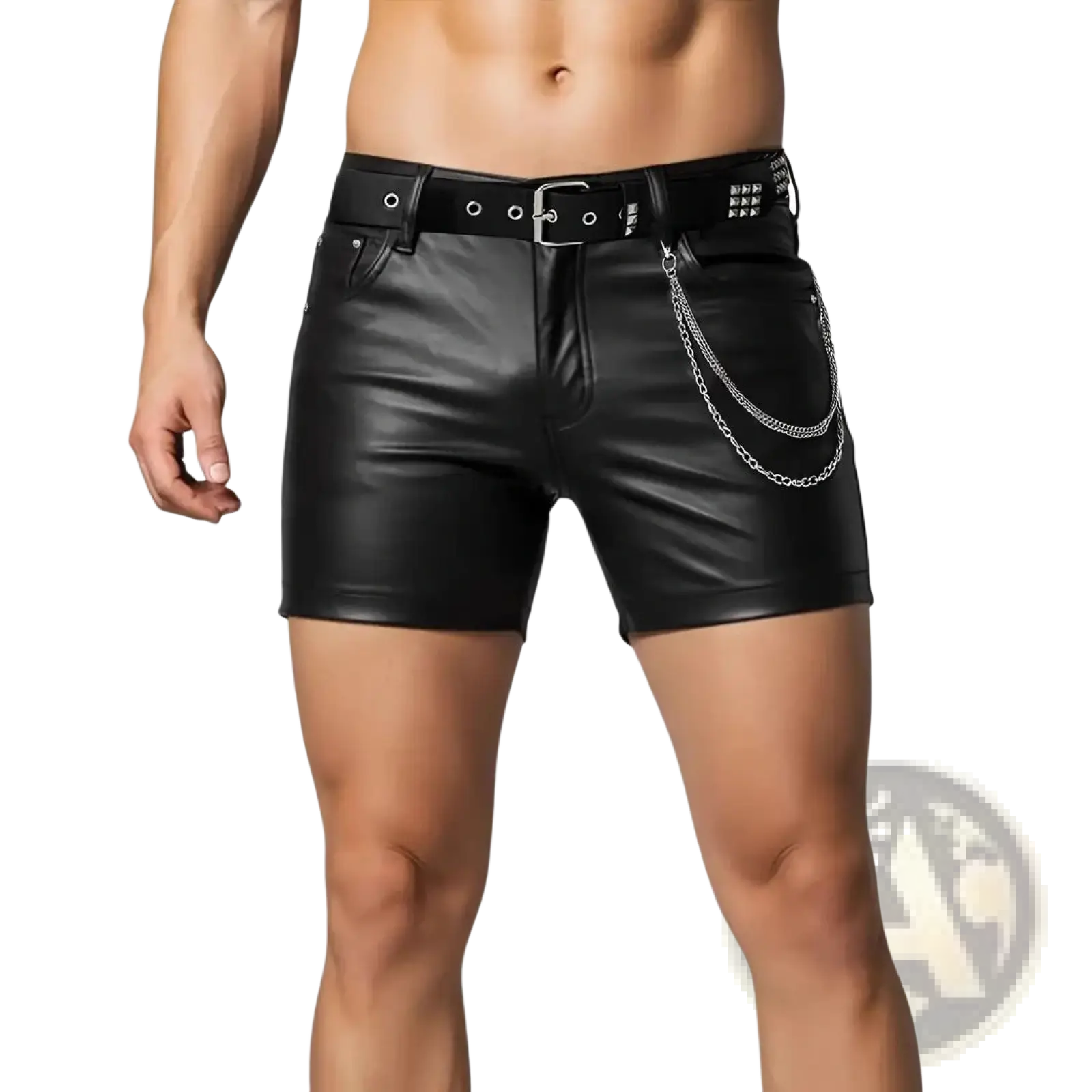 Men faux leather shorts glossy slim fit black featuring a studded belt and silver chain detail