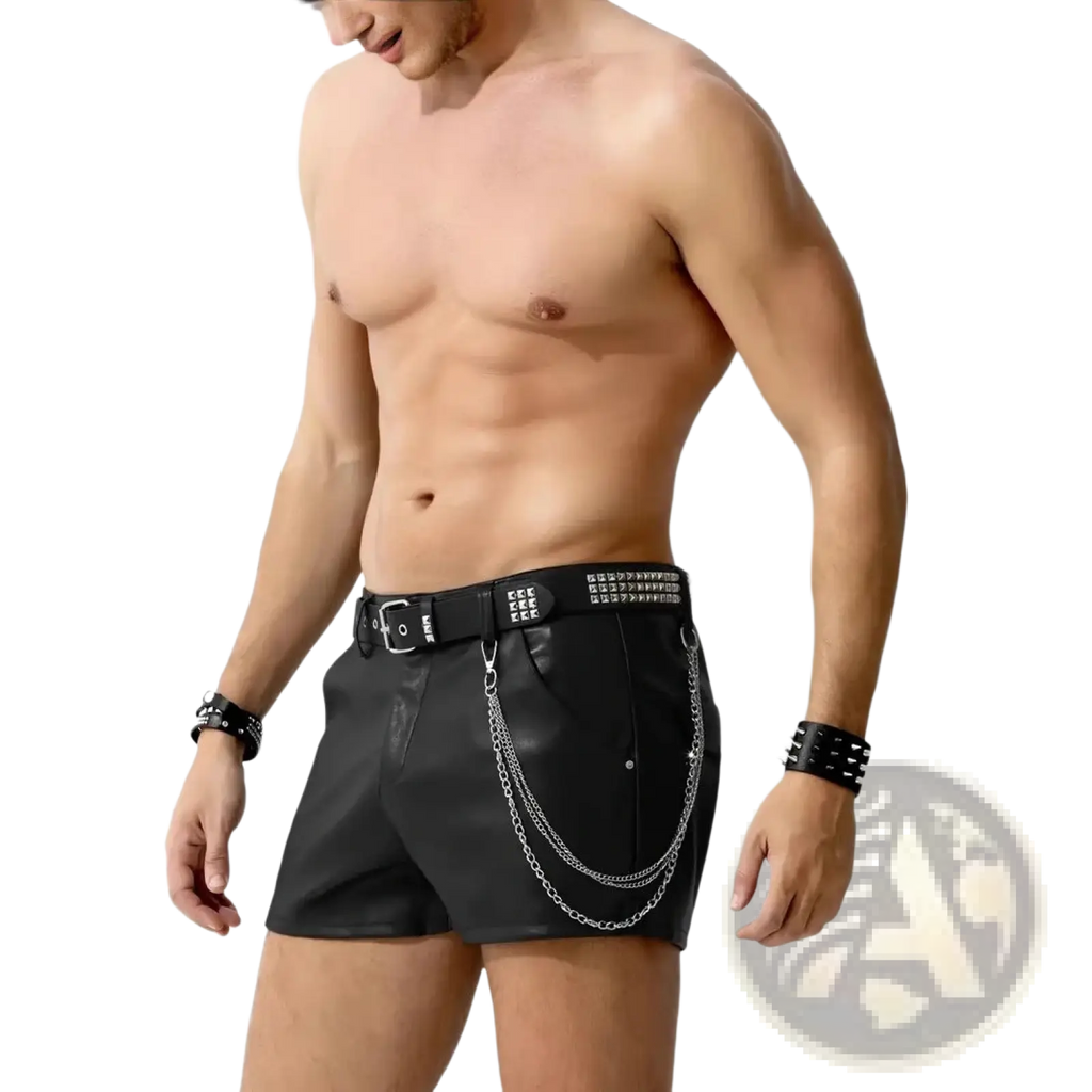 Men faux leather shorts glossy slim fit black with studded belt and silver chain detailing front view
