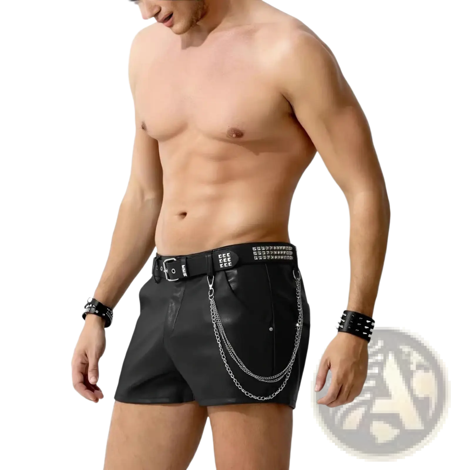 Men faux leather shorts glossy slim fit black with studded belt and silver chain detailing front view