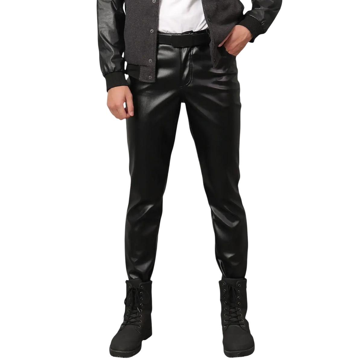 Men faux leather skinny pants in black with a slim fit and subtle sheen suitable for clubwear