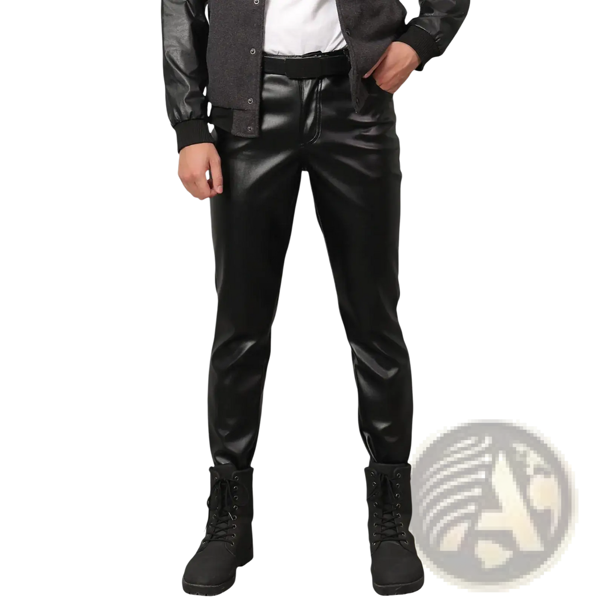 Men faux leather skinny pants in black with a slim fit and subtle sheen suitable for clubwear