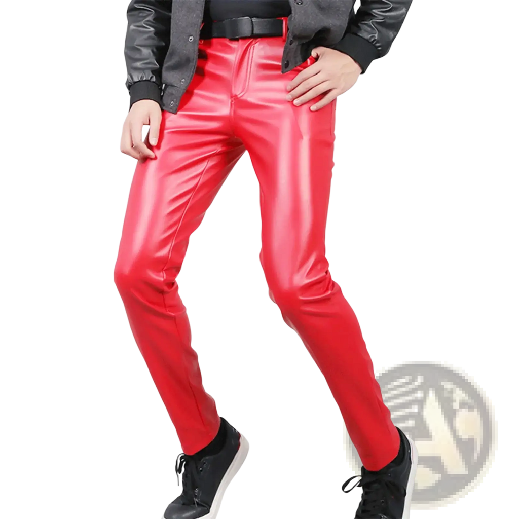 Bright red shiny faux leather men skinny pants with slim fit ideal for clubwear