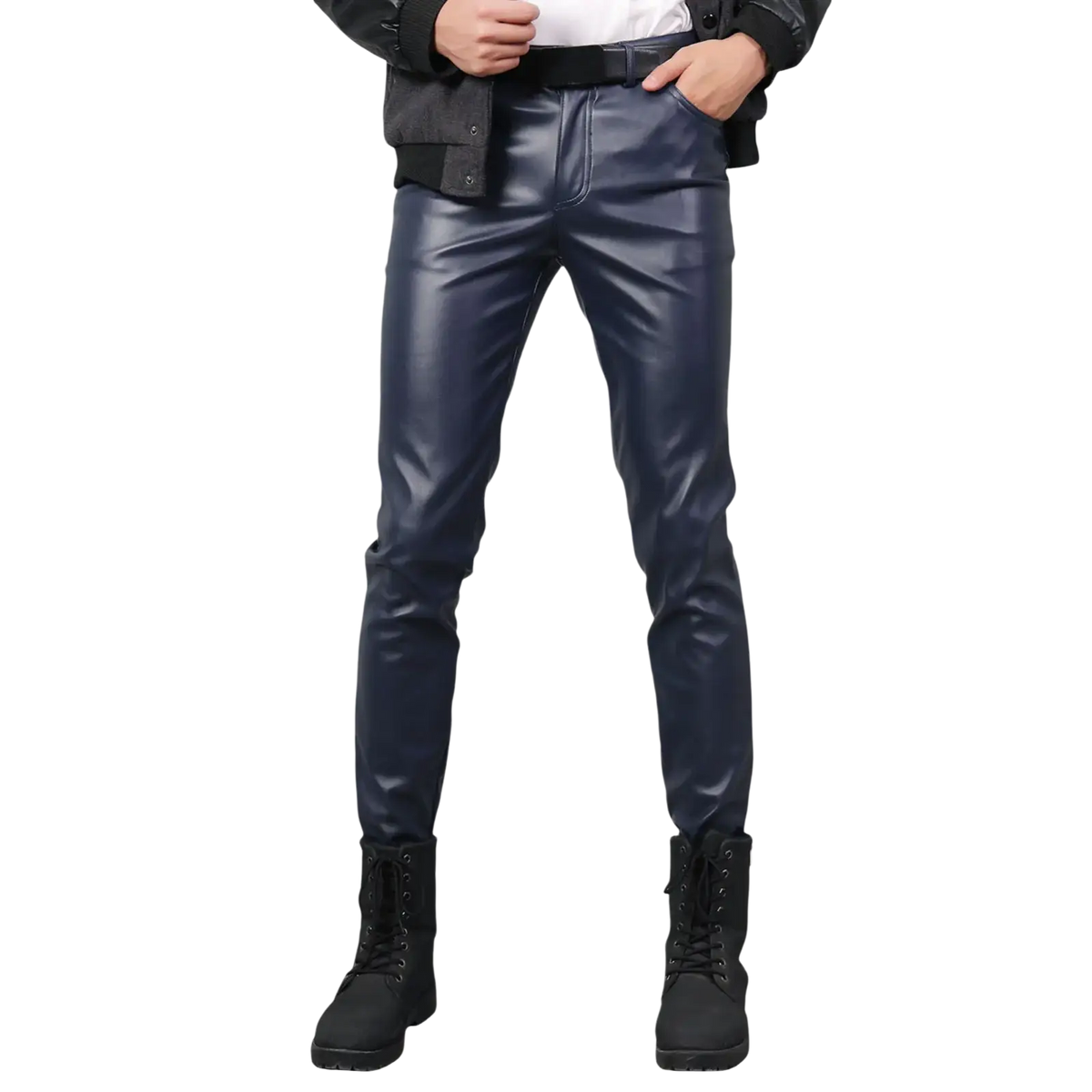 Dark blue glossy faux leather slim-fit men skinny pants suitable for clubwear with a sleek modern design