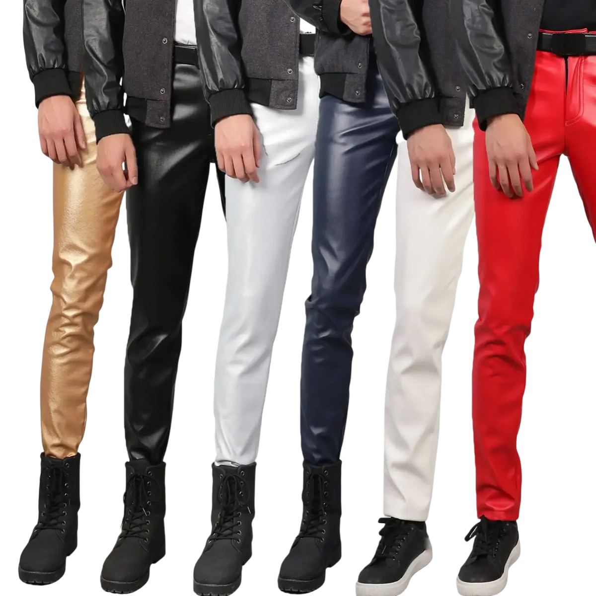 Five pairs of men faux leather skinny pants in gold black white navy blue and red for clubwear displayed