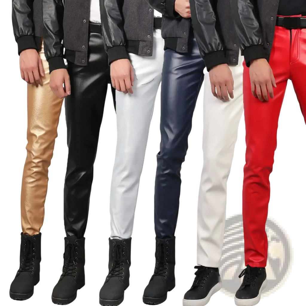 Five pairs of men faux leather skinny pants in gold black white navy blue and red for clubwear displayed