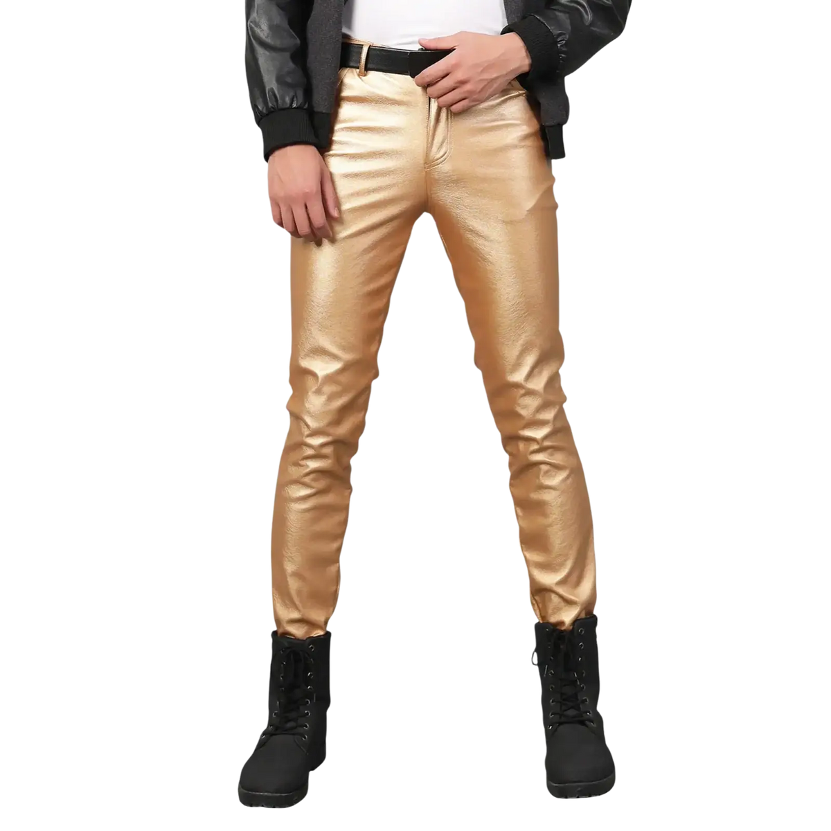 Shiny gold metallic faux leather slim-fit men skinny pants designed for clubwear and stylish occasions