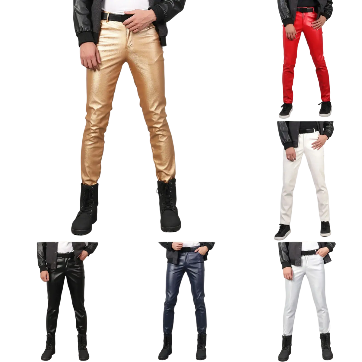 Men faux leather skinny pants in shiny metallic gold red white black navy blue and silver for clubwear