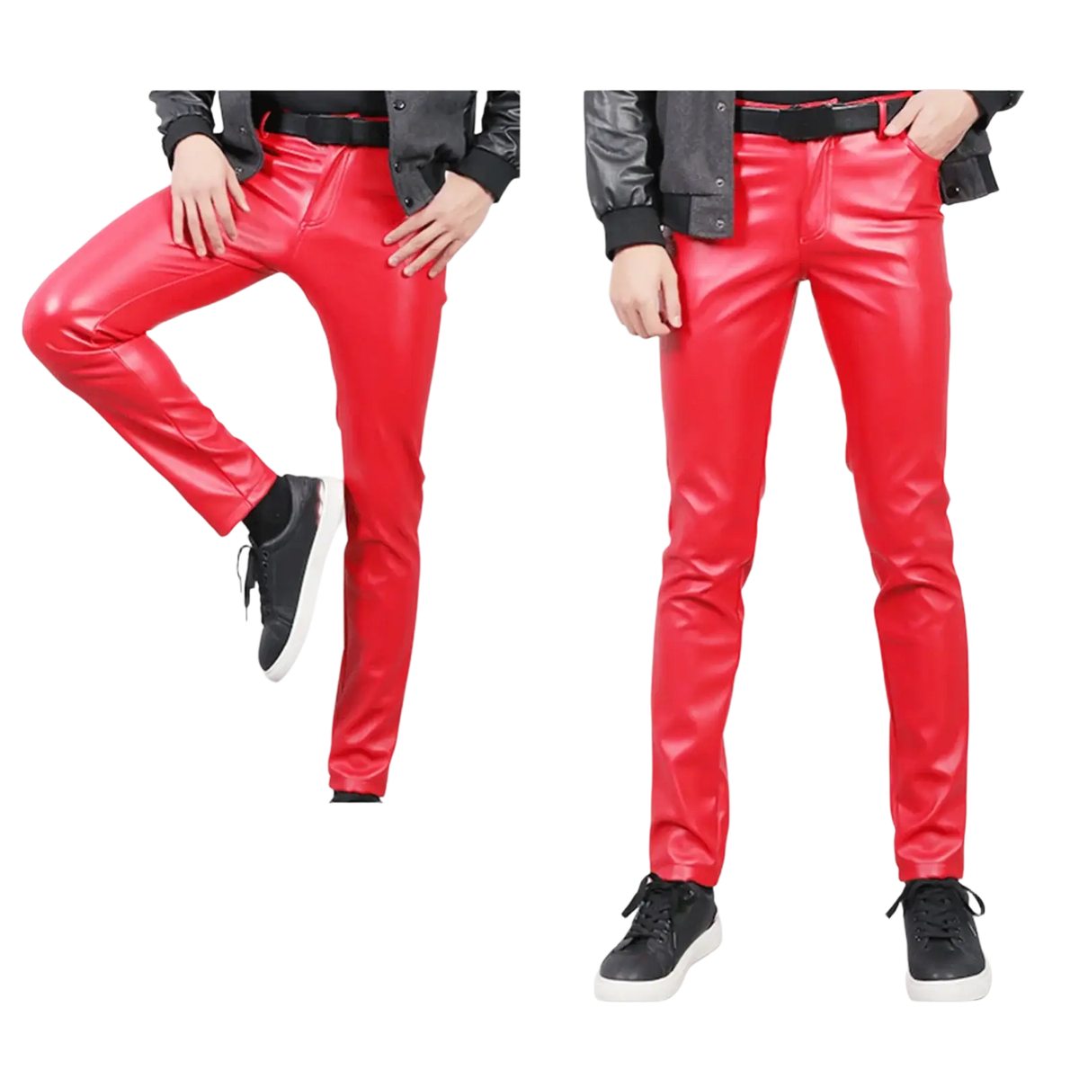 Men faux leather skinny pants in vibrant red with glossy finish and classic five-pocket design for clubwear