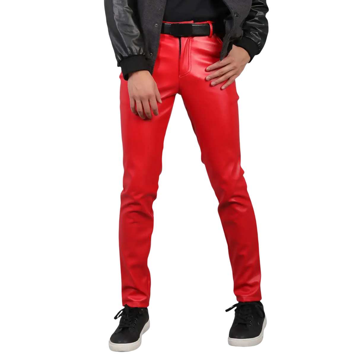 Men faux leather skinny pants in vibrant red with glossy finish and black belt designed for clubwear