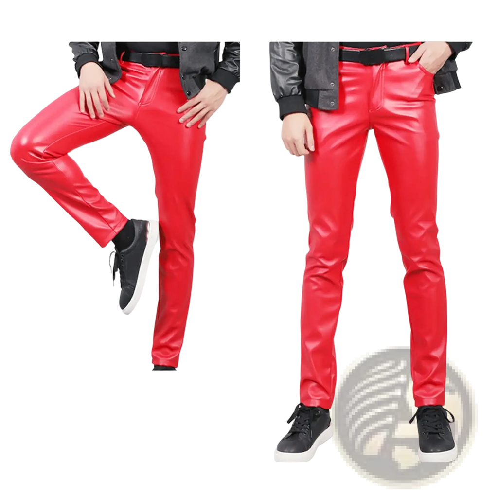 Men faux leather skinny pants in vibrant red with glossy finish and classic five-pocket design for clubwear