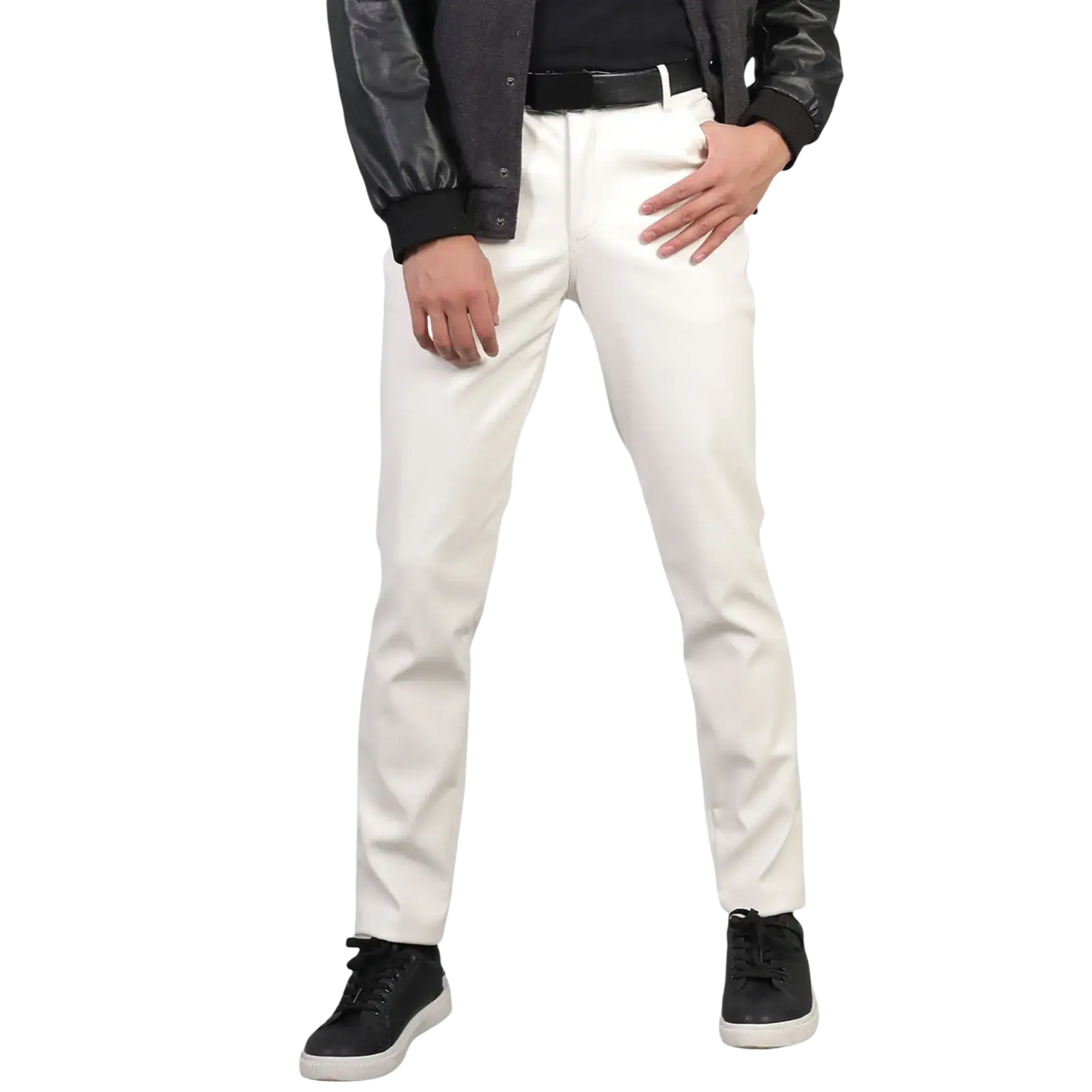 White slim-fit men faux leather skinny pants with smooth glossy fabric and clean stitching for clubwear