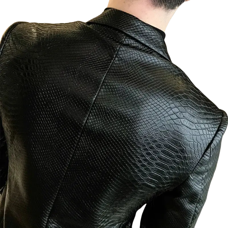 Black crocodile-patterned faux leather slim fit blazer with long sleeve length for men suit coats