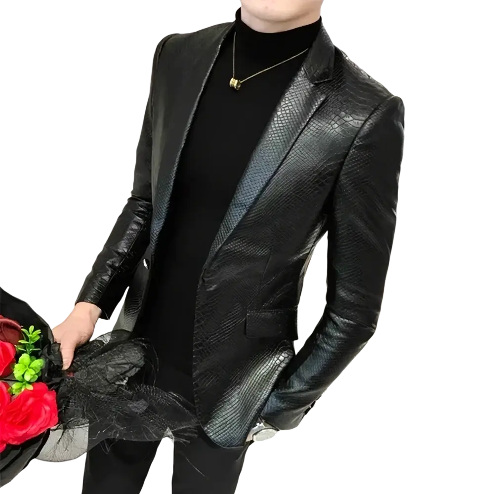 Men faux leather suit coat slim fit blazer in black snakeskin pattern with glossy finish and full sleeve length
