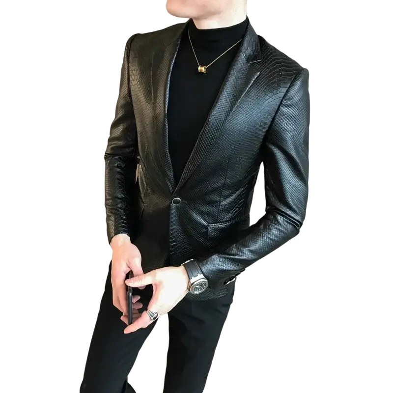 Men faux leather suit coat slim fit blazer in black snakeskin pattern with full sleeve length and slim suit coats design