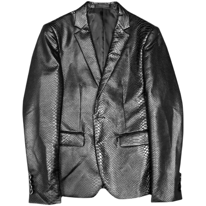 Men faux leather suit coat slim fit blazer in black snakeskin pattern with glossy finish and classic double-breasted design sleeve length