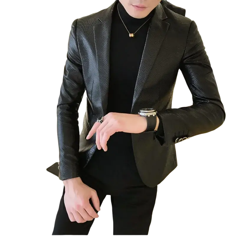 Black faux leather slim fit blazer with textured material and modern sleeve length suitable for suit coats