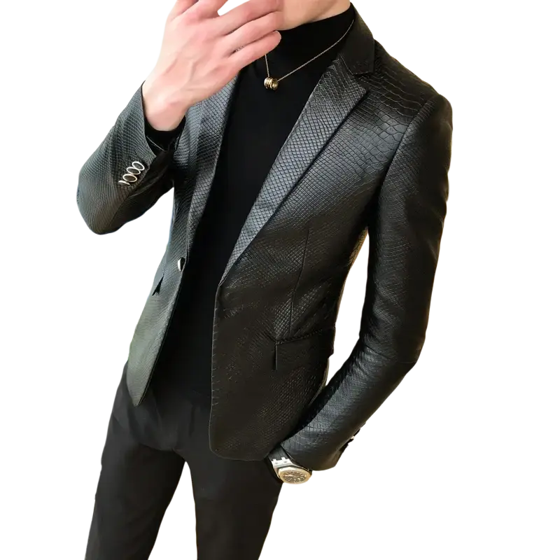 Men faux leather suit coat black slim fit blazer with subtle crocodile pattern and tailored sleeve length suit coats