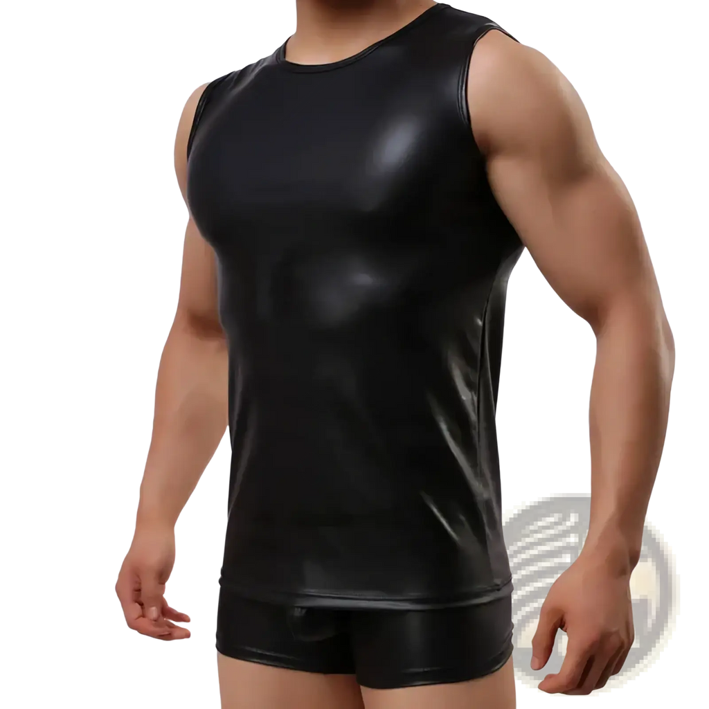 Men faux leather tank top black sleeveless vest featuring a glossy finish rounded neckline and snug fit