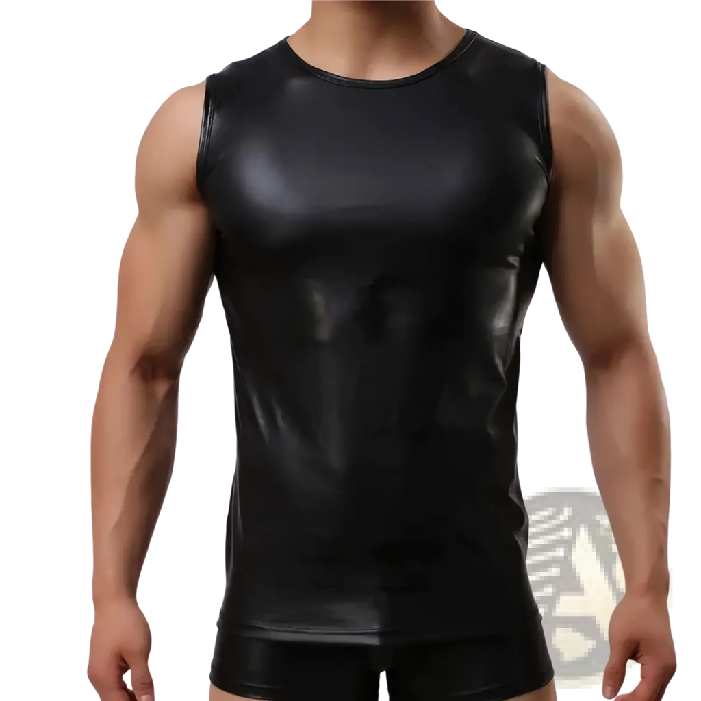 Men faux leather tank top black sleeveless vest with a glossy finish and round neckline in faux leather material