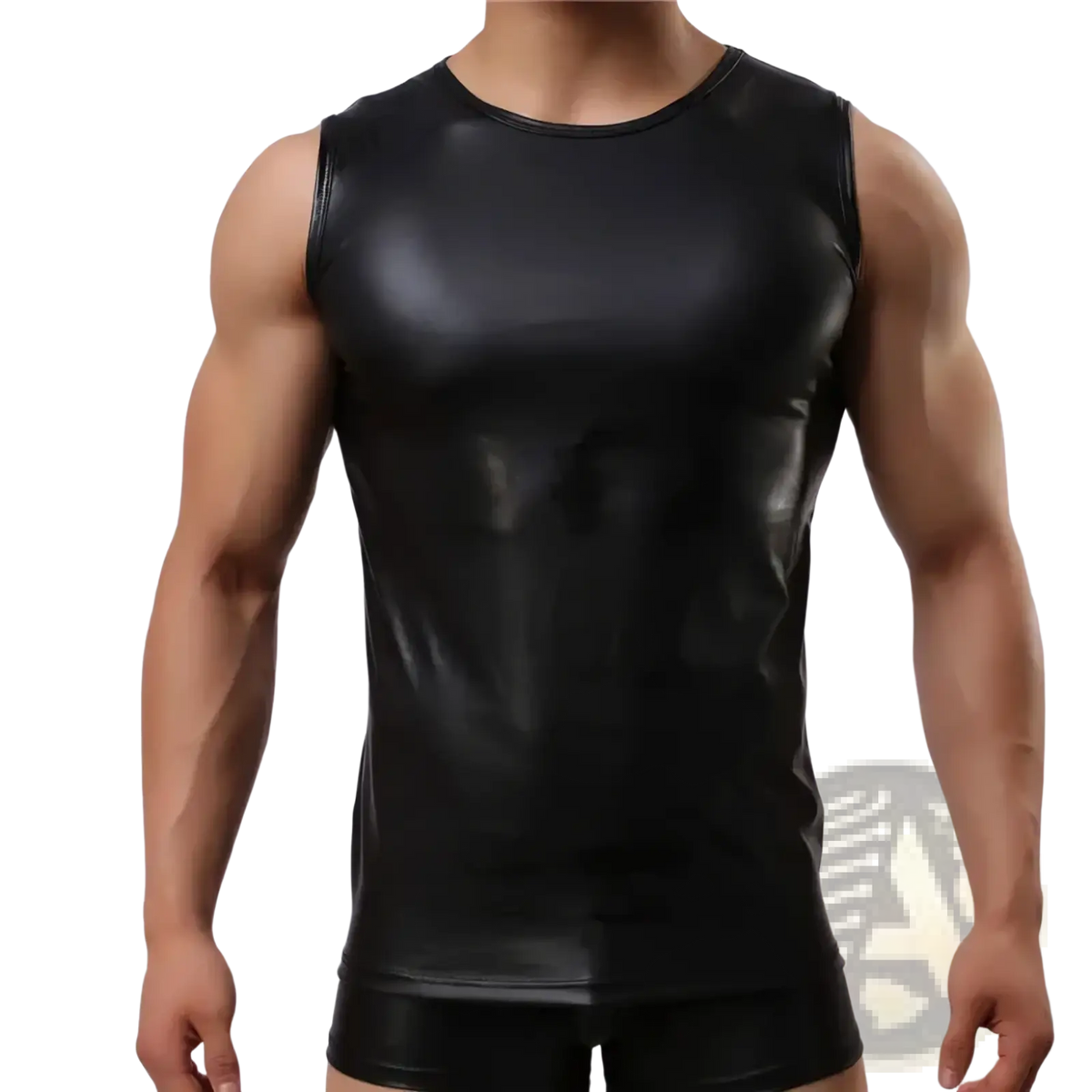 Men faux leather tank top black sleeveless vest with a glossy finish and round neckline in faux leather material