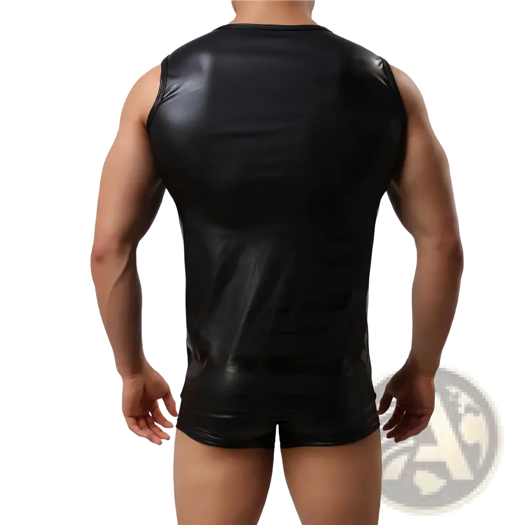 Men faux leather tank top black sleeveless vest made of shiny black faux leather for stylish casual wear