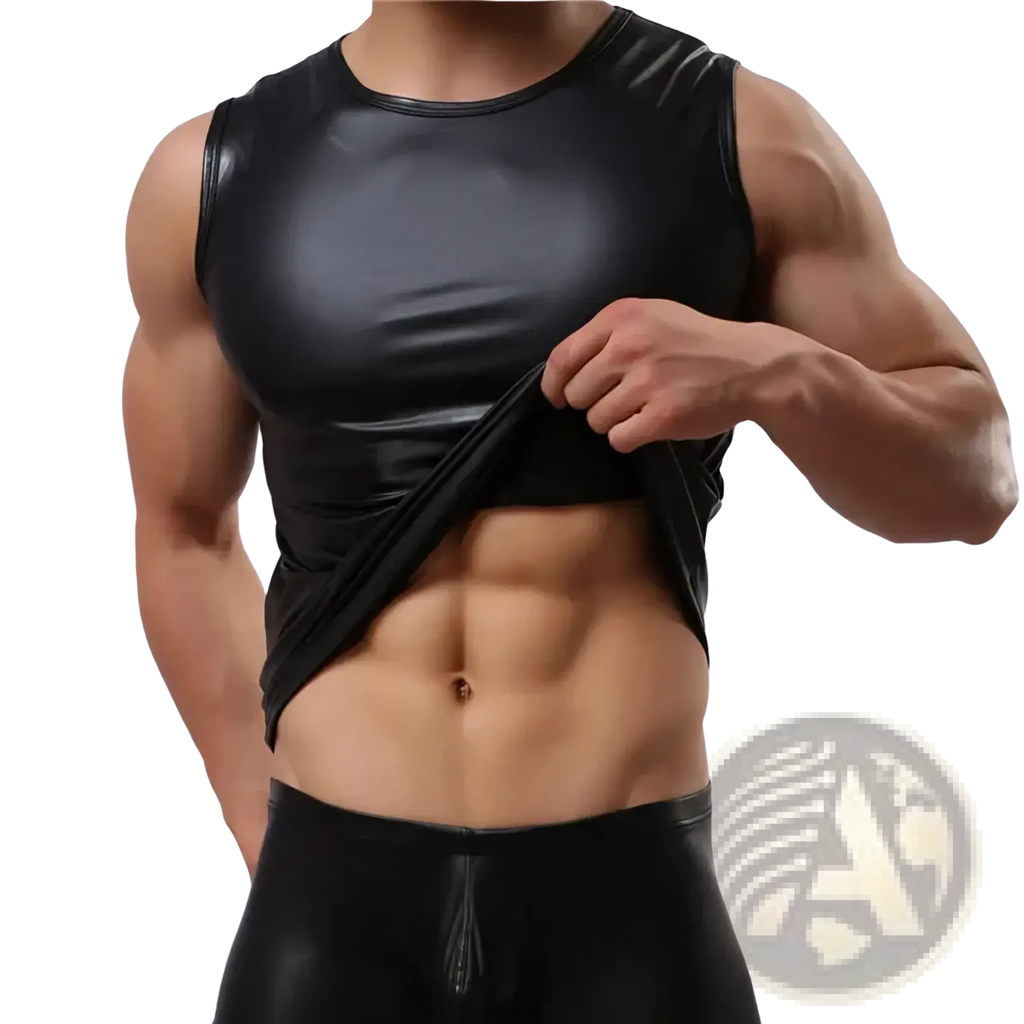Men faux leather tank top black sleeveless vest with shiny smooth texture and modern slim fit design
