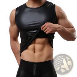 Men faux leather tank top black sleeveless vest with shiny smooth texture and modern slim fit design