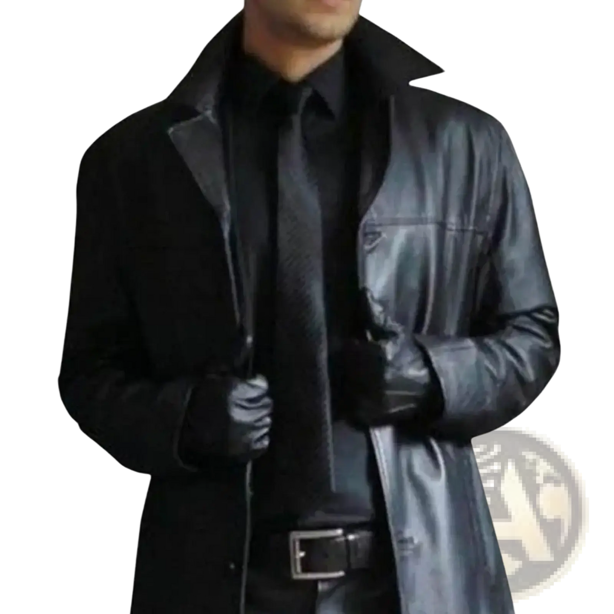 Men faux leather trench coat in black with high collar and front zipper for vintage long outerwear style