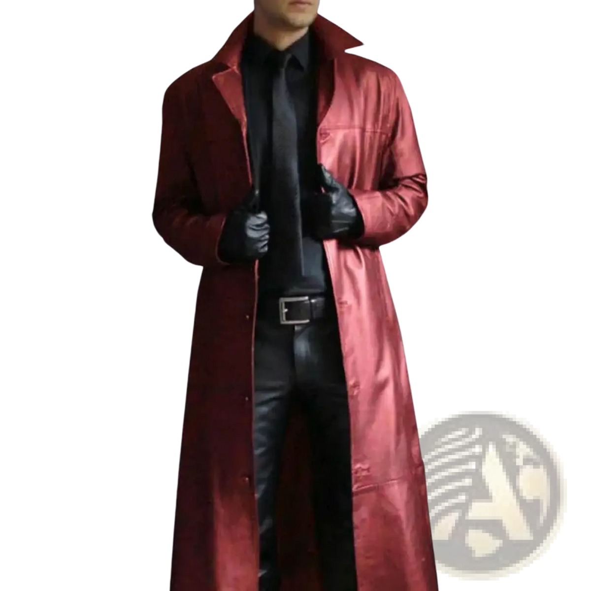 Men faux leather trench coat in glossy crimson with high collar and buttoned front vintage outerwear