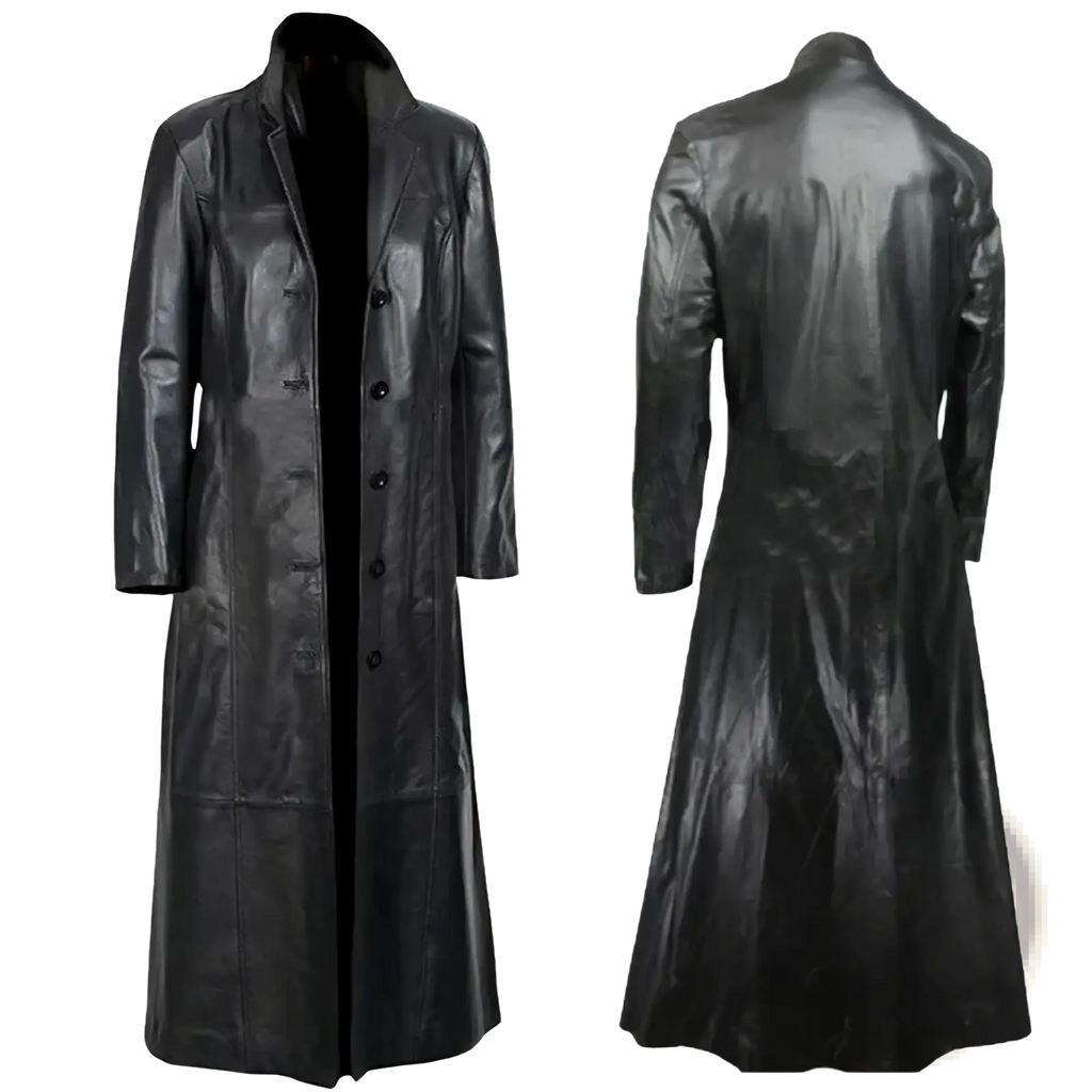 Men faux leather trench coat in black with a high collar and front button closure for gothic punk biker style