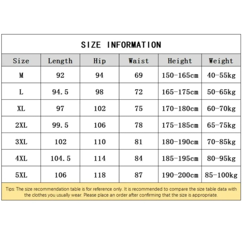 Size chart for men fitness jogger sweatpants 5xl showing measurements in centimeters and weight ranges by size m to 5xl