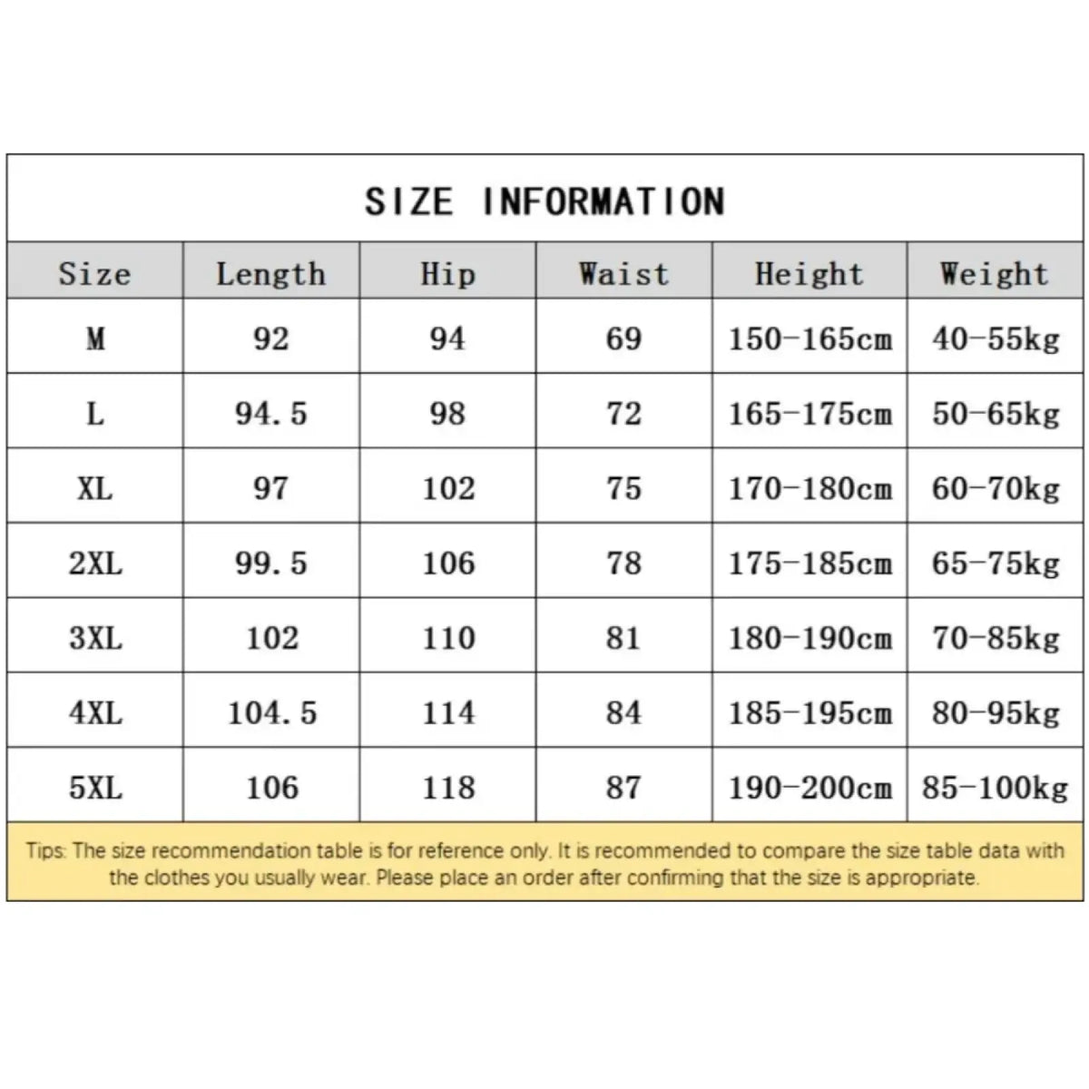 Size chart for men fitness jogger sweatpants 5xl showing measurements in centimeters and weight ranges by size m to 5xl